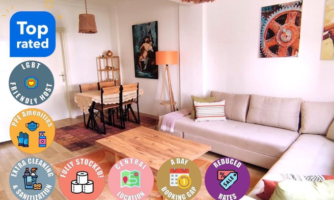 Bodrum City Center Apartment | Central, Cozy, Spacy, Wide Terrace, Garden, 2BR, Free Parking, Fast Wi-Fi, 4ppl